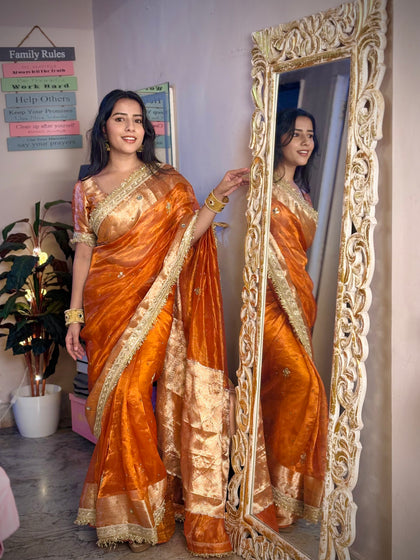 Metallic Orange Pure Tissue Silk Handcrafted Saree