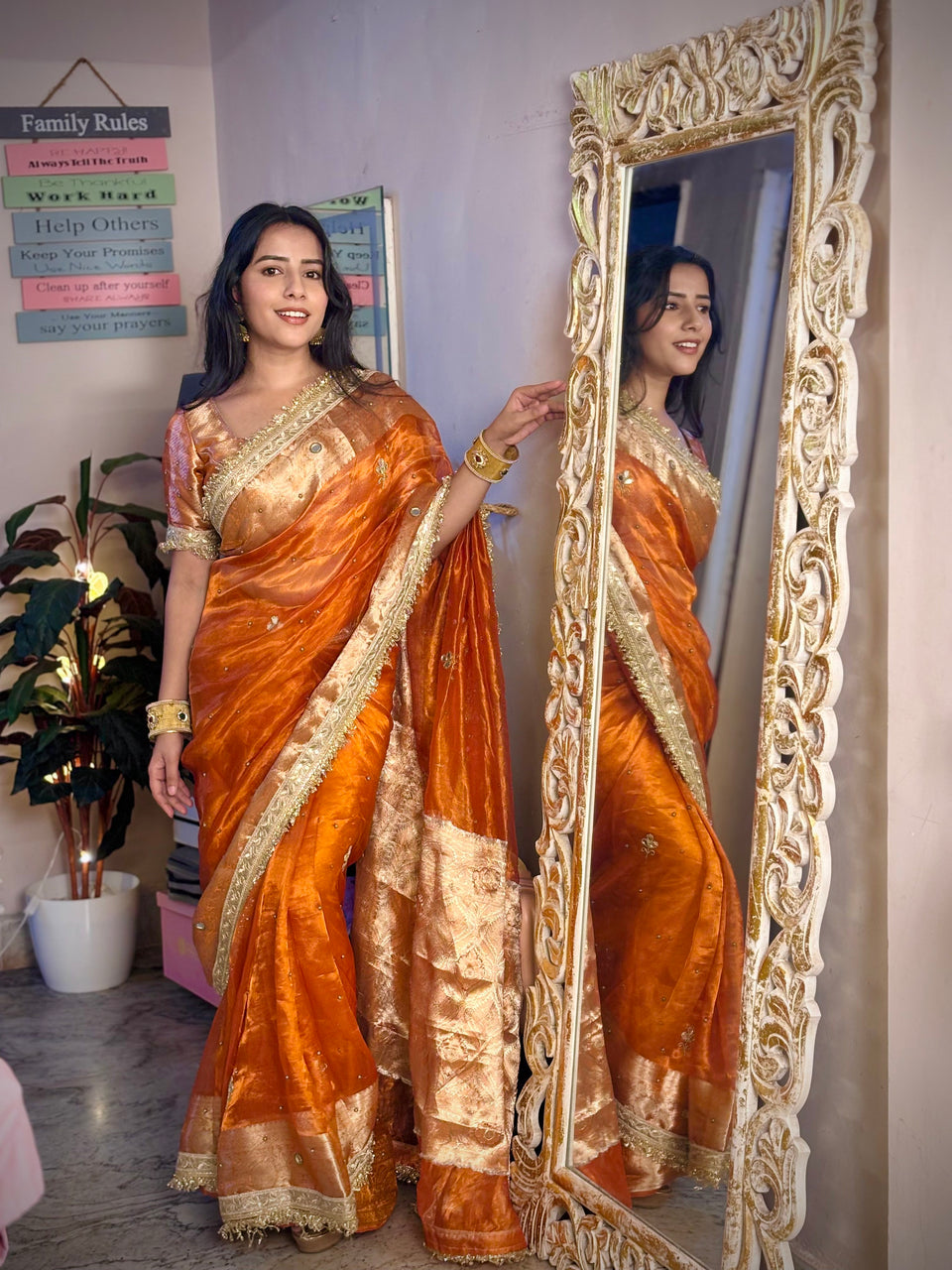 Metallic Orange Pure Tissue Silk Handcrafted Saree