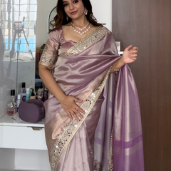 Lilac Purple Banarasi Rajkumari Mirror Work Tissue Silk Saree