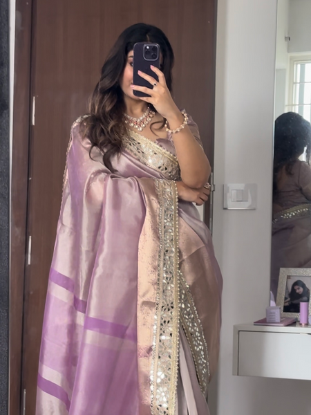 Lilac Purple Banarasi Rajkumari Mirror Work Tissue Silk Saree