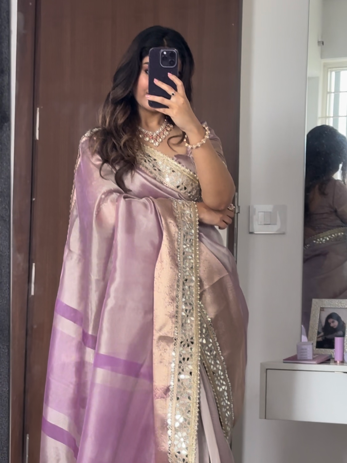 Lilac Purple Banarasi Rajkumari Mirror Work Tissue Silk Saree