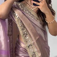 Lilac Purple Banarasi Rajkumari Mirror Work Tissue Silk Saree