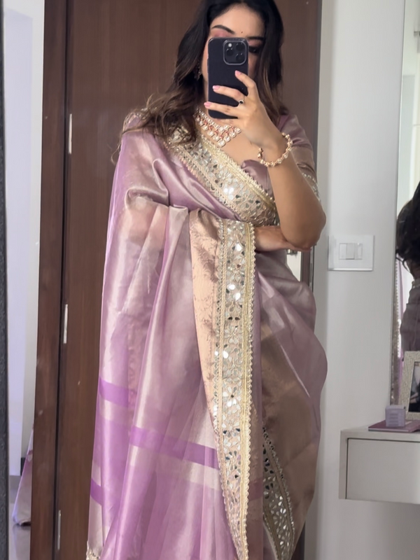 Lilac Purple Banarasi Rajkumari Mirror Work Tissue Silk Saree