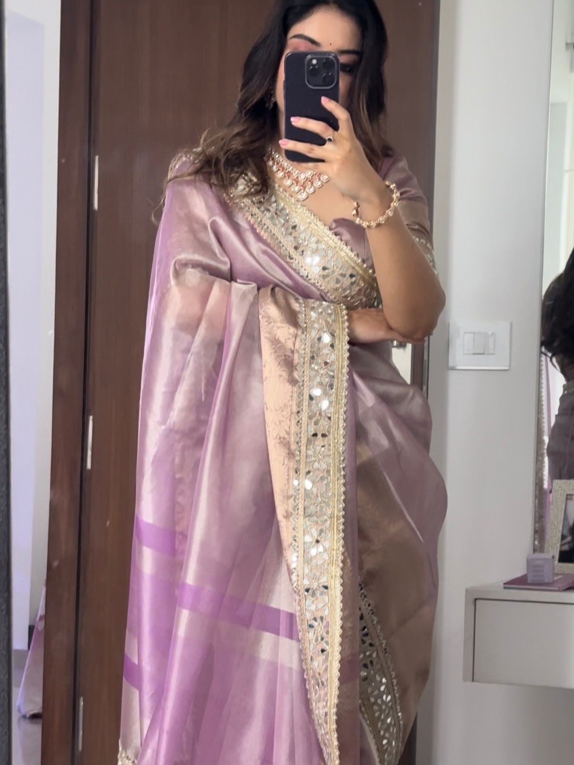 Lilac Purple Banarasi Rajkumari Mirror Work Tissue Silk Saree