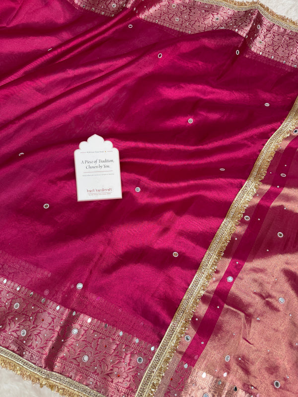 Rani Magenta Aaina Aanchal Mirror Work Tissue Silk Saree