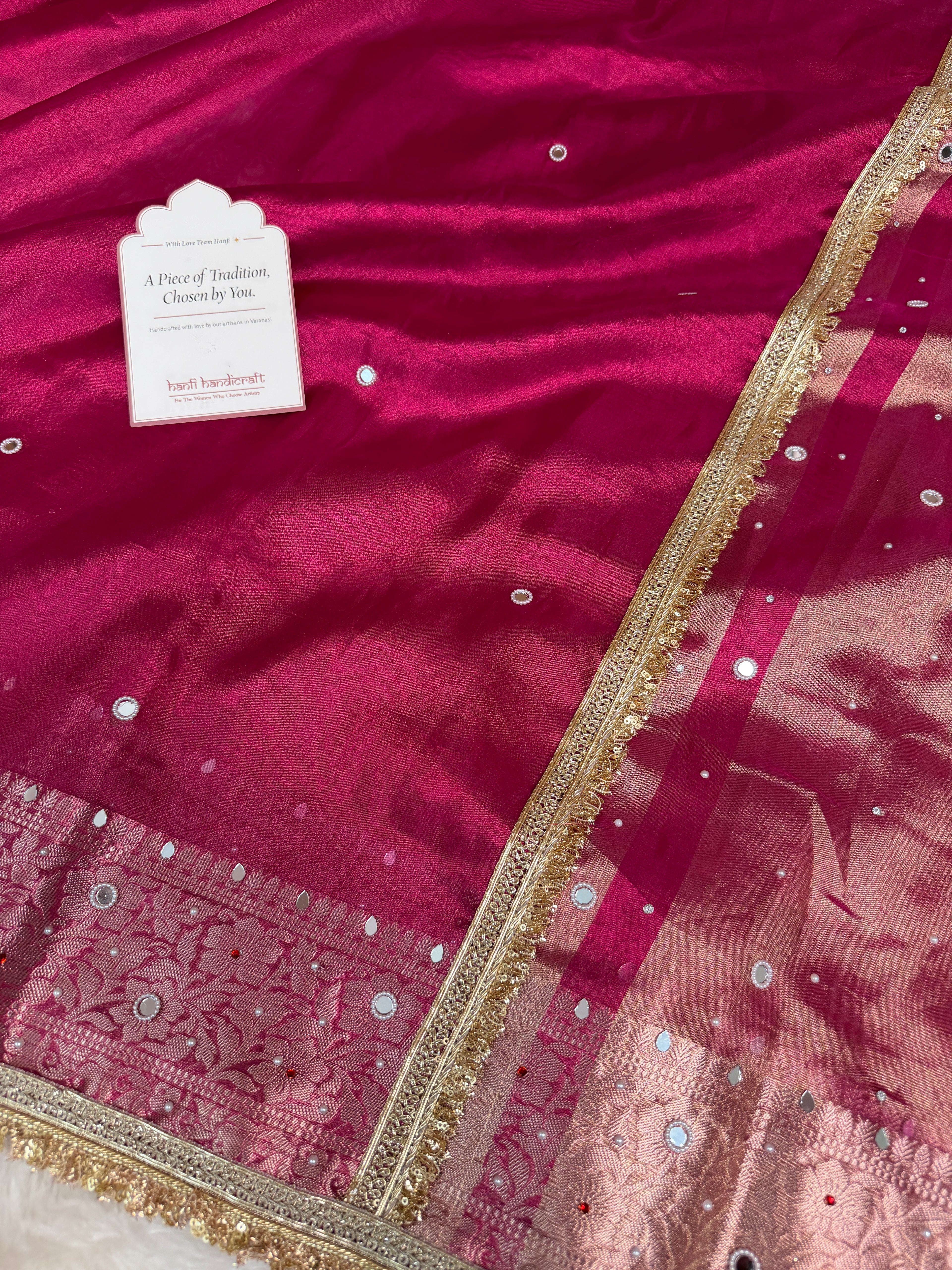 Rani Magenta Aaina Aanchal Mirror Work Tissue Silk Saree