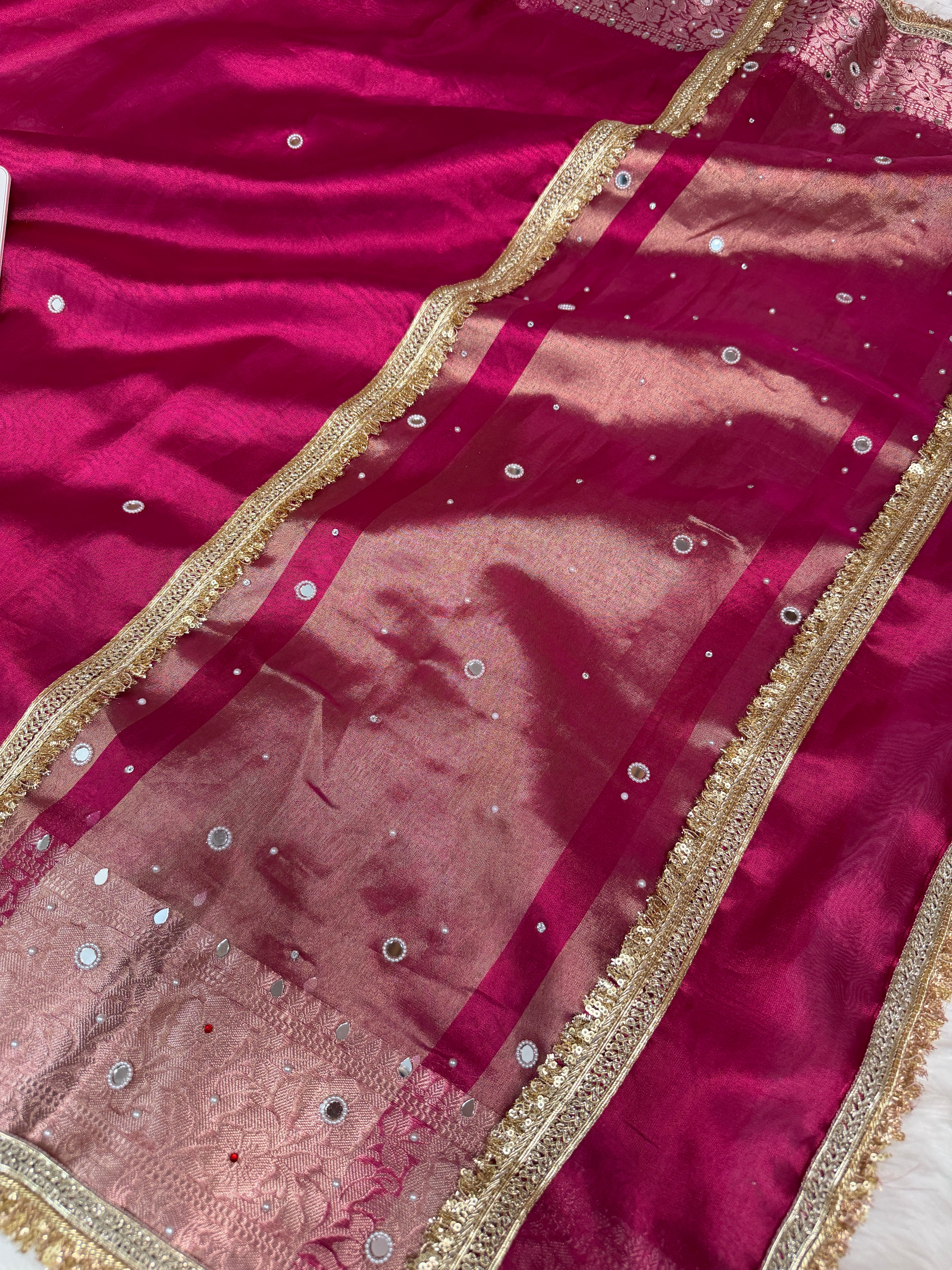 Rani Magenta Aaina Aanchal Mirror Work Tissue Silk Saree