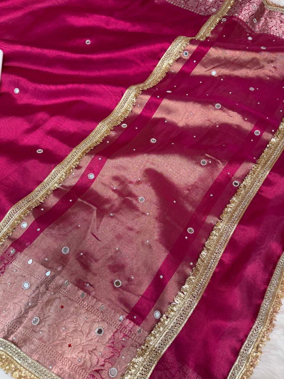 Rani Magenta Aaina Aanchal Mirror Work Tissue Silk Saree