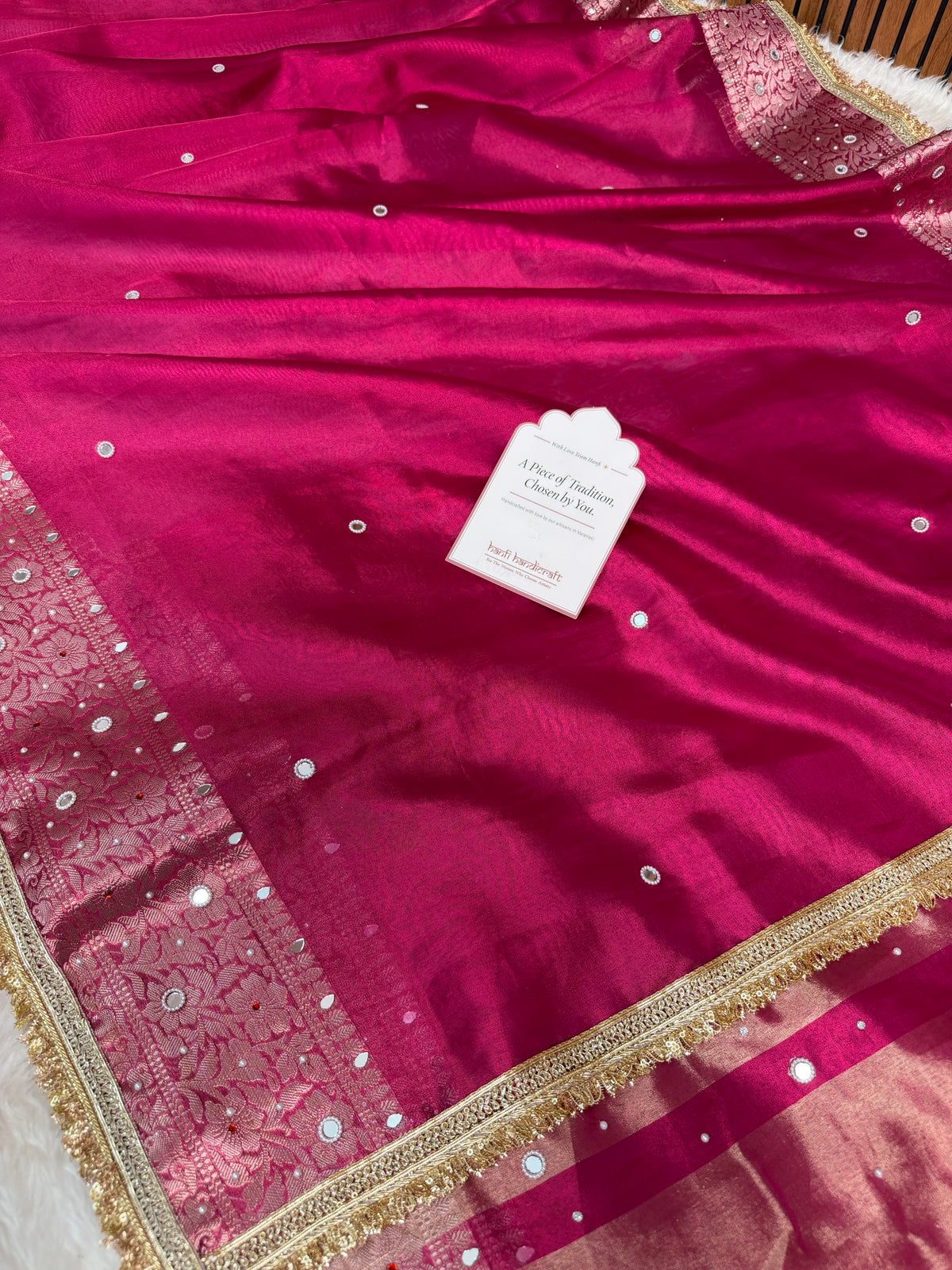 Rani Magenta Aaina Aanchal Mirror Work Tissue Silk Saree