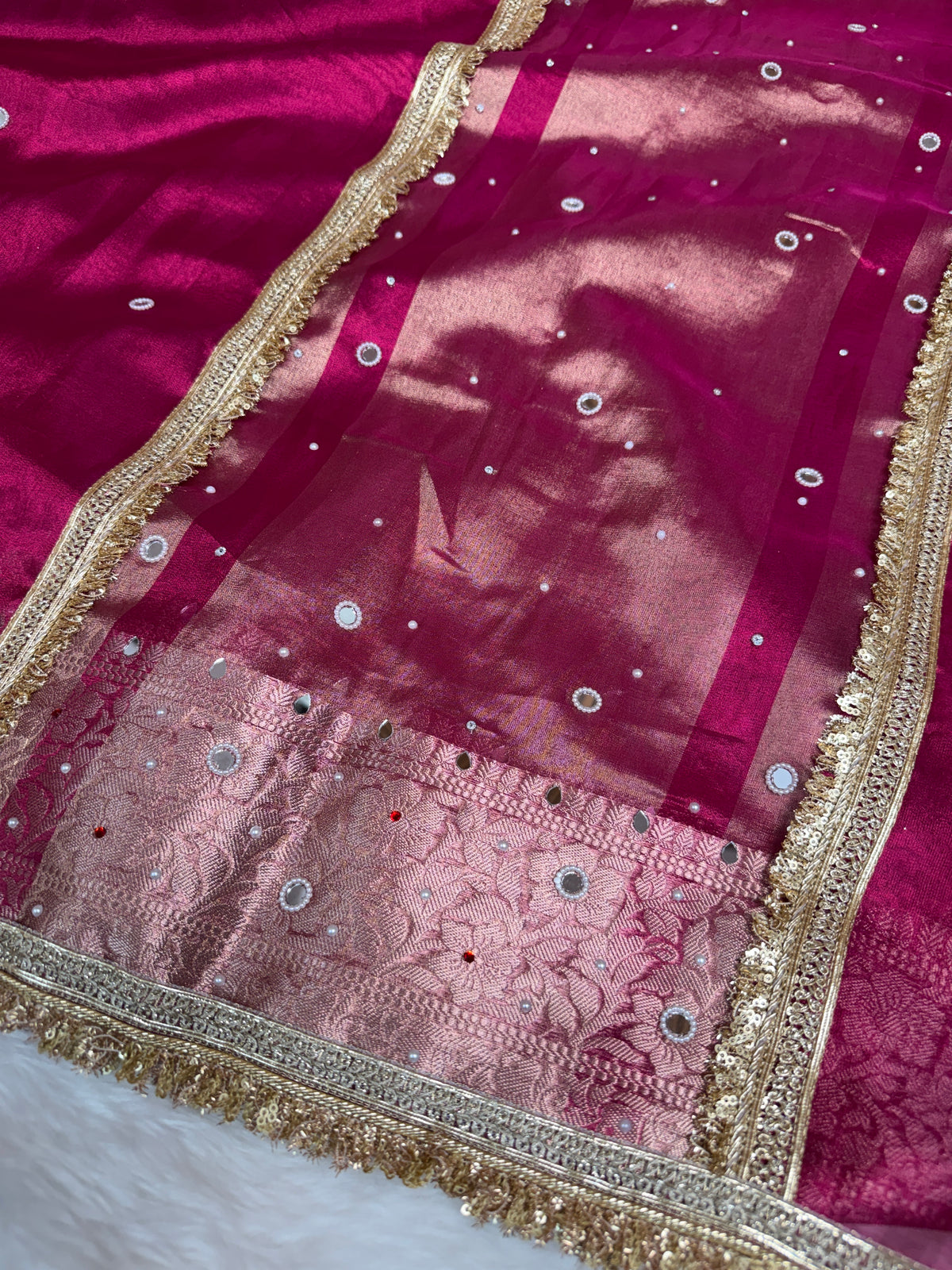 Rani Magenta Aaina Aanchal Mirror Work Tissue Silk Saree