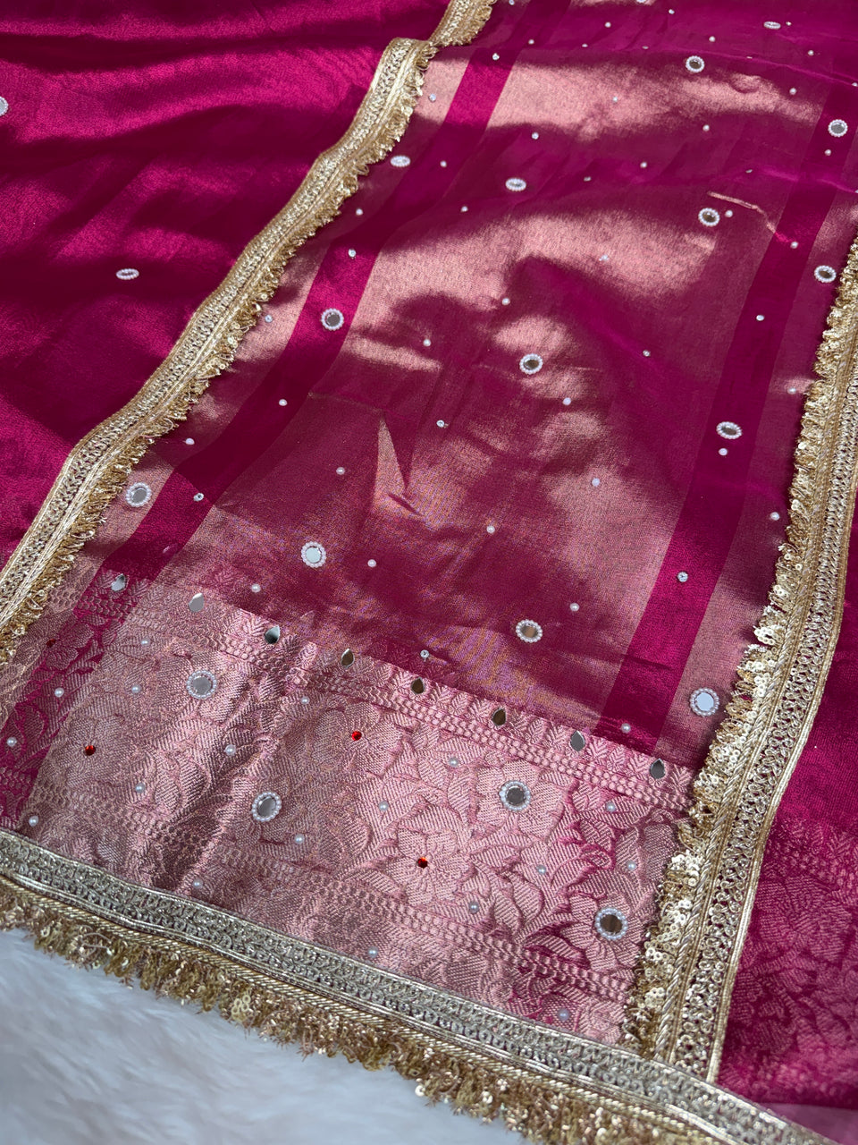 Rani Magenta Aaina Aanchal Mirror Work Tissue Silk Saree