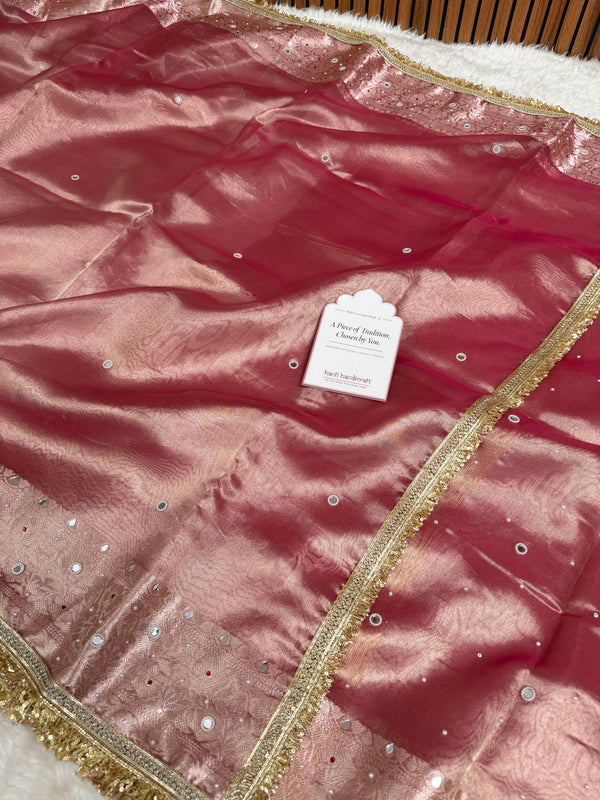 Strawberry Rose Aaina Aanchal Mirror Work Tissue Silk Saree