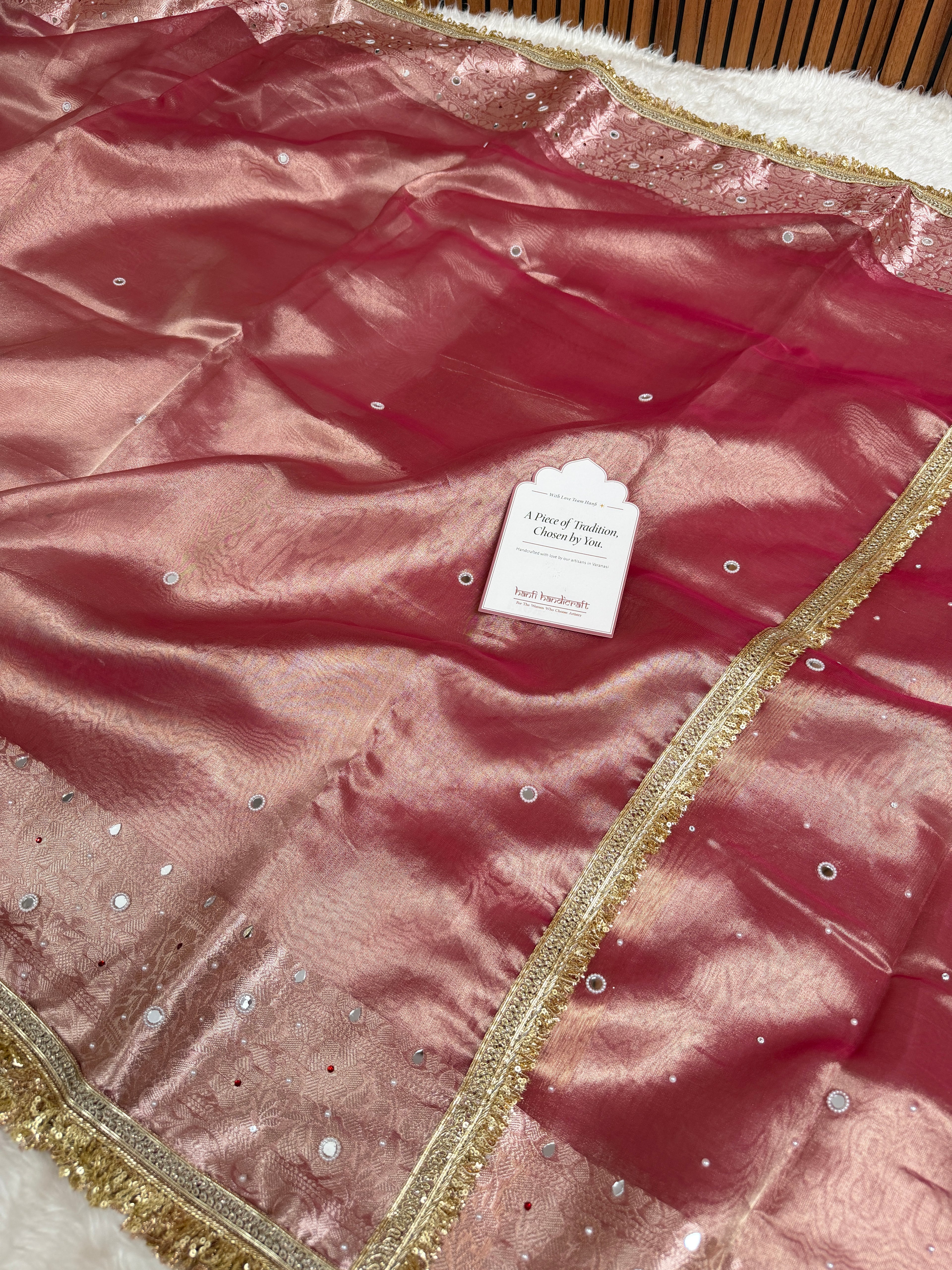 Strawberry Rose Aaina Aanchal Mirror Work Tissue Silk Saree