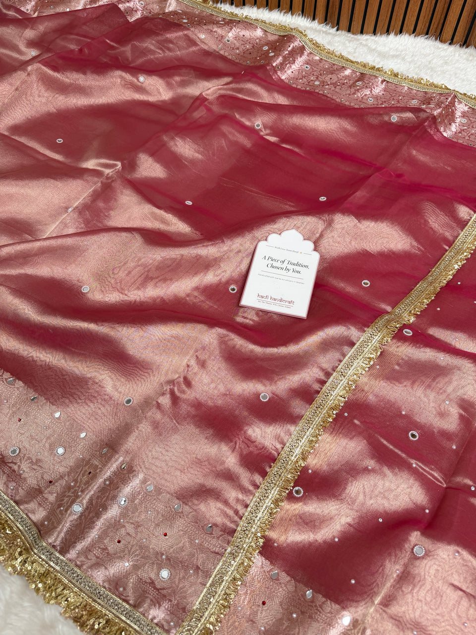 Strawberry Rose Aaina Aanchal Mirror Work Tissue Silk Saree