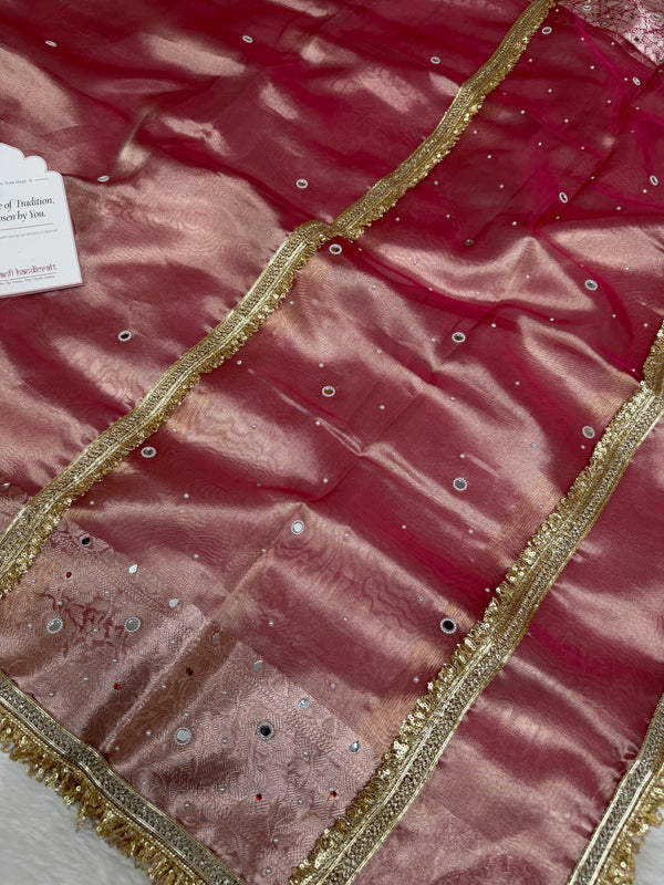 Strawberry Rose Aaina Aanchal Mirror Work Tissue Silk Saree