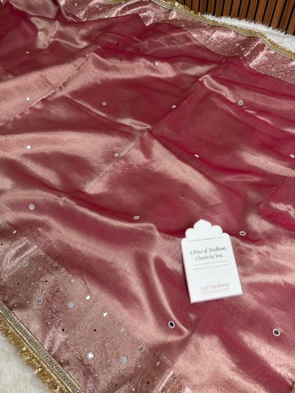 Strawberry Rose Aaina Aanchal Mirror Work Tissue Silk Saree
