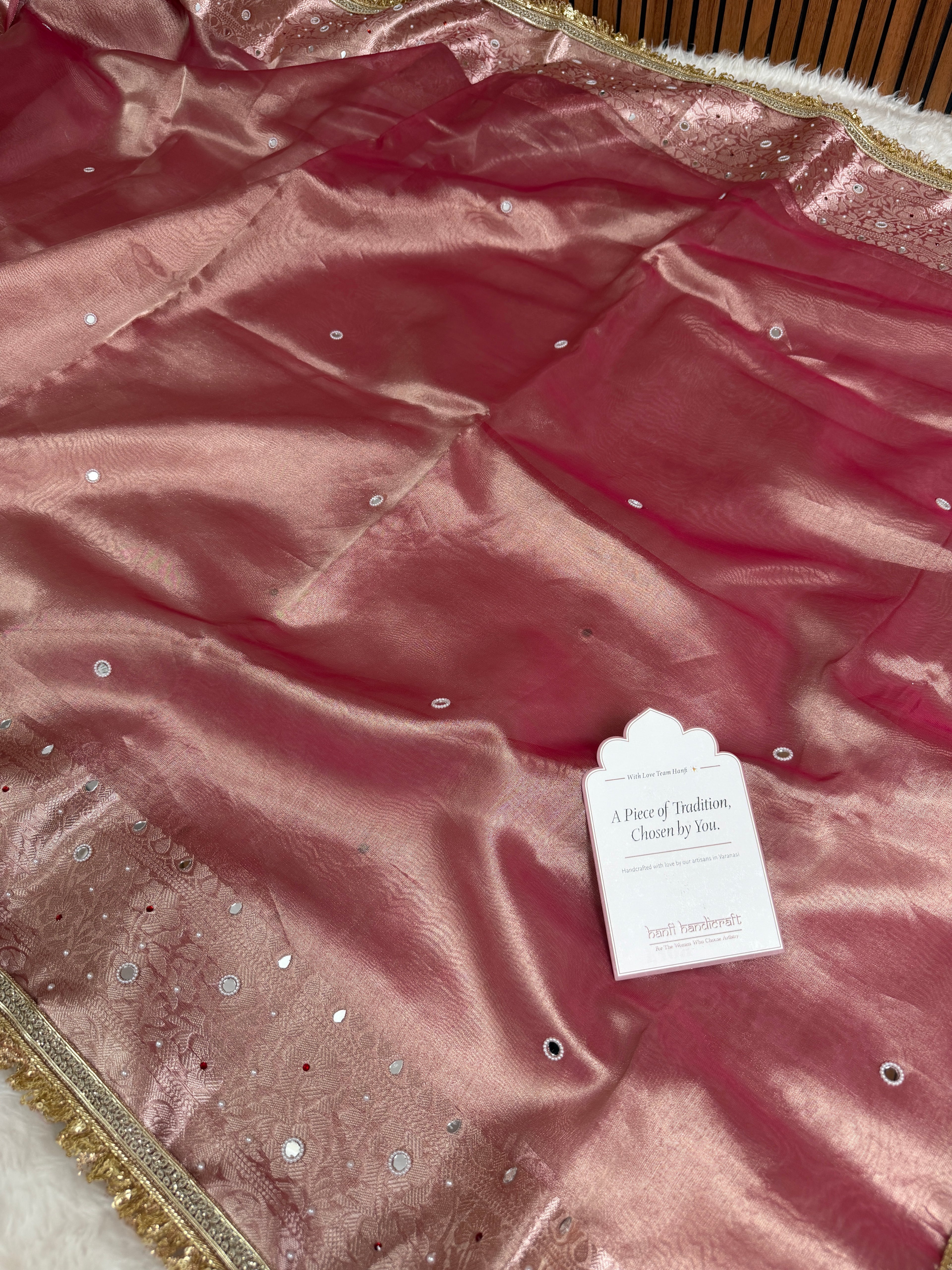 Strawberry Rose Aaina Aanchal Mirror Work Tissue Silk Saree