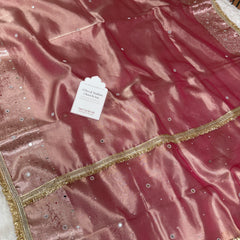 Strawberry Rose Aaina Aanchal Mirror Work Tissue Silk Saree