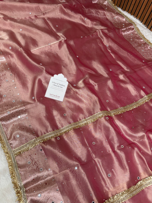 Strawberry Rose Aaina Aanchal Mirror Work Tissue Silk Saree
