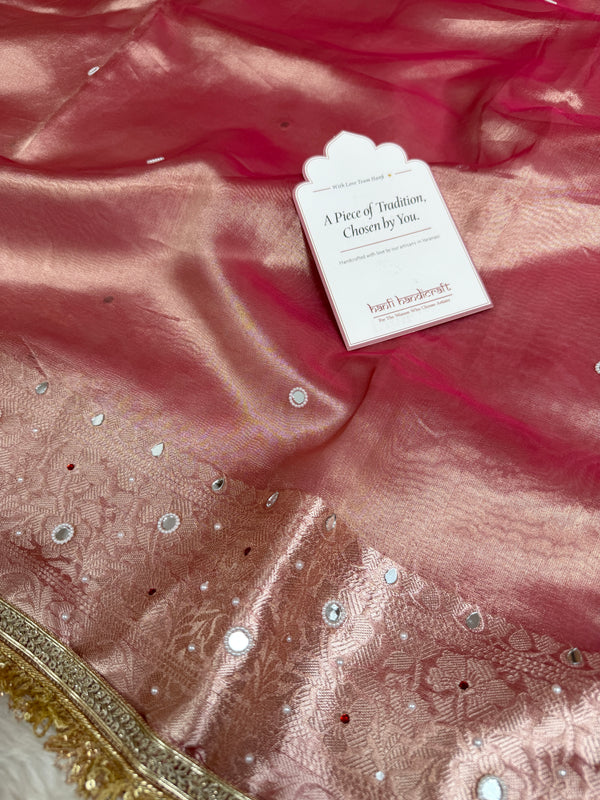 Strawberry Rose Aaina Aanchal Mirror Work Tissue Silk Saree