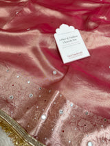 Strawberry Rose Aaina Aanchal Mirror Work Tissue Silk Saree