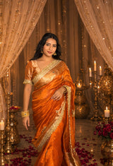 Metallic Orange Pure Tissue Silk Handcrafted Saree