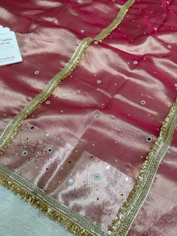 Strawberry Rose Aaina Aanchal Mirror Work Tissue Silk Saree