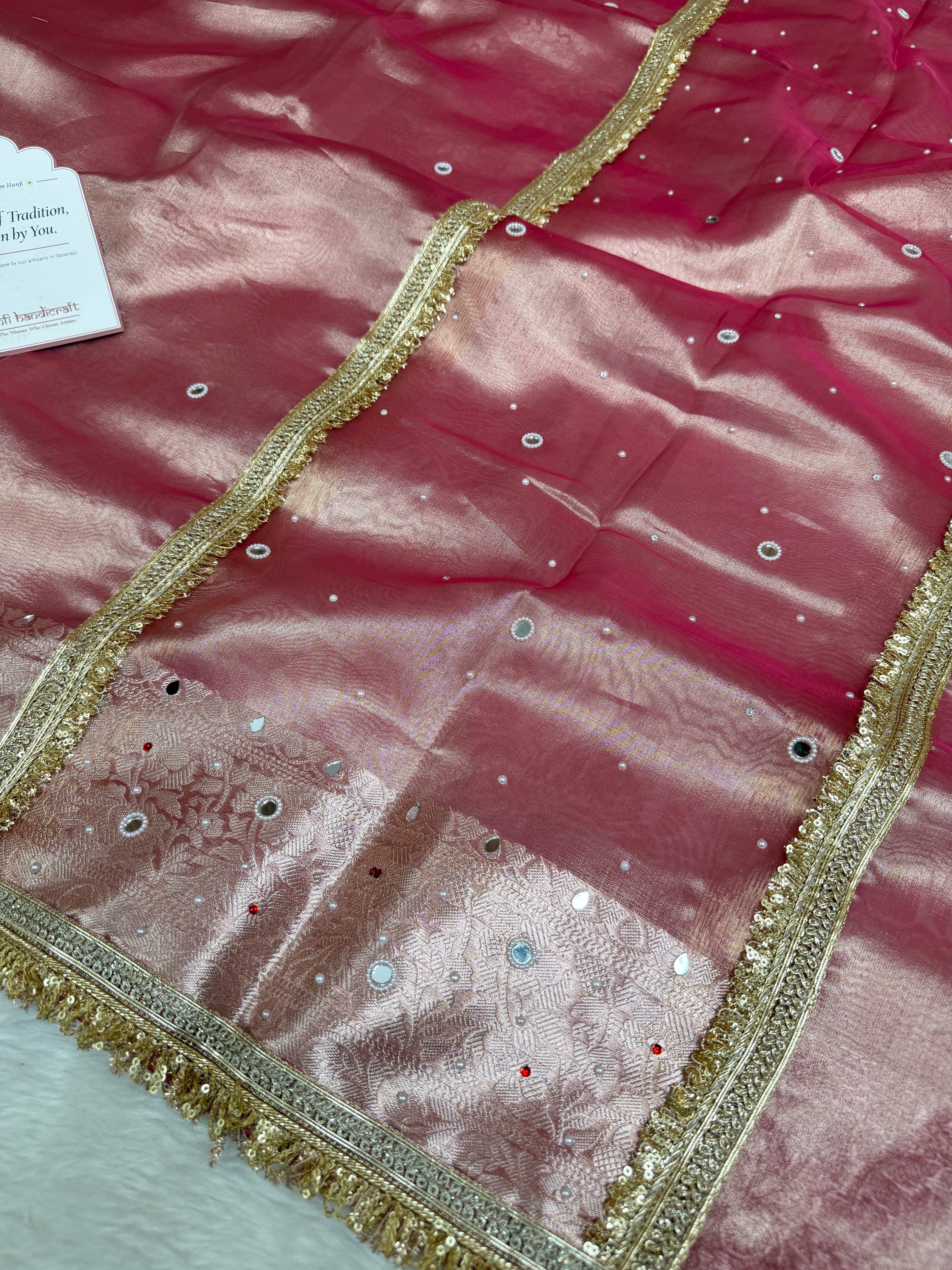Strawberry Rose Aaina Aanchal Mirror Work Tissue Silk Saree