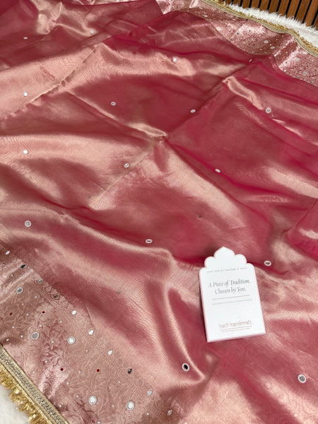 Strawberry Rose Aaina Aanchal Mirror Work Tissue Silk Saree
