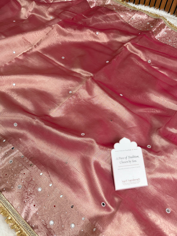 Strawberry Rose Aaina Aanchal Mirror Work Tissue Silk Saree