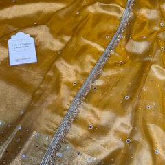 Haldi Gold Aaina Aanchal Mirror Work Tissue Silk Saree