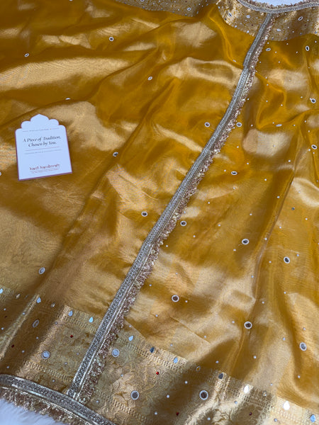 Haldi Gold Aaina Aanchal Mirror Work Tissue Silk Saree