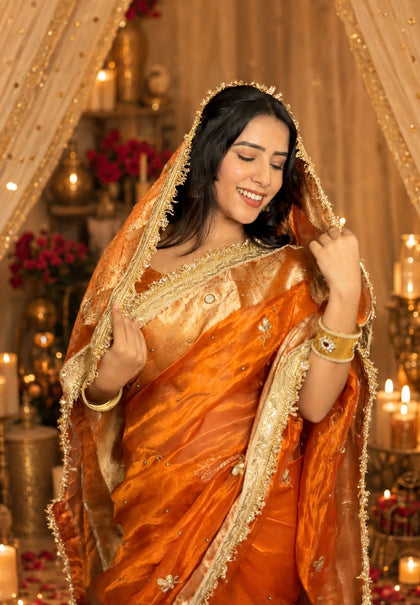 Metallic Orange Pure Tissue Silk Handcrafted Saree