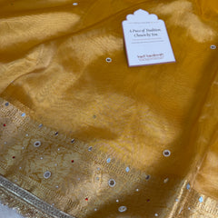 Haldi Gold Aaina Aanchal Mirror Work Tissue Silk Saree