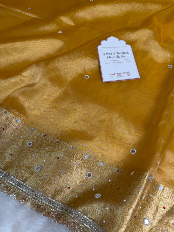 Haldi Gold Aaina Aanchal Mirror Work Tissue Silk Saree