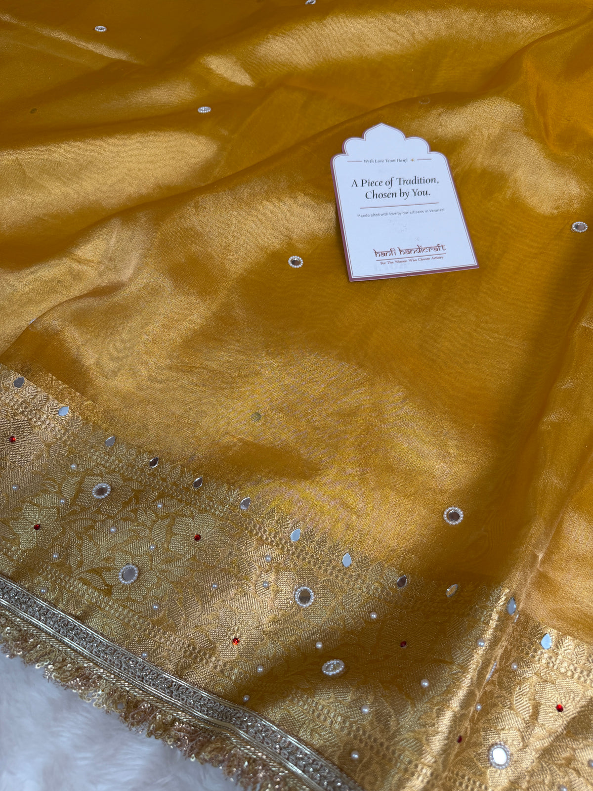 Haldi Gold Aaina Aanchal Mirror Work Tissue Silk Saree