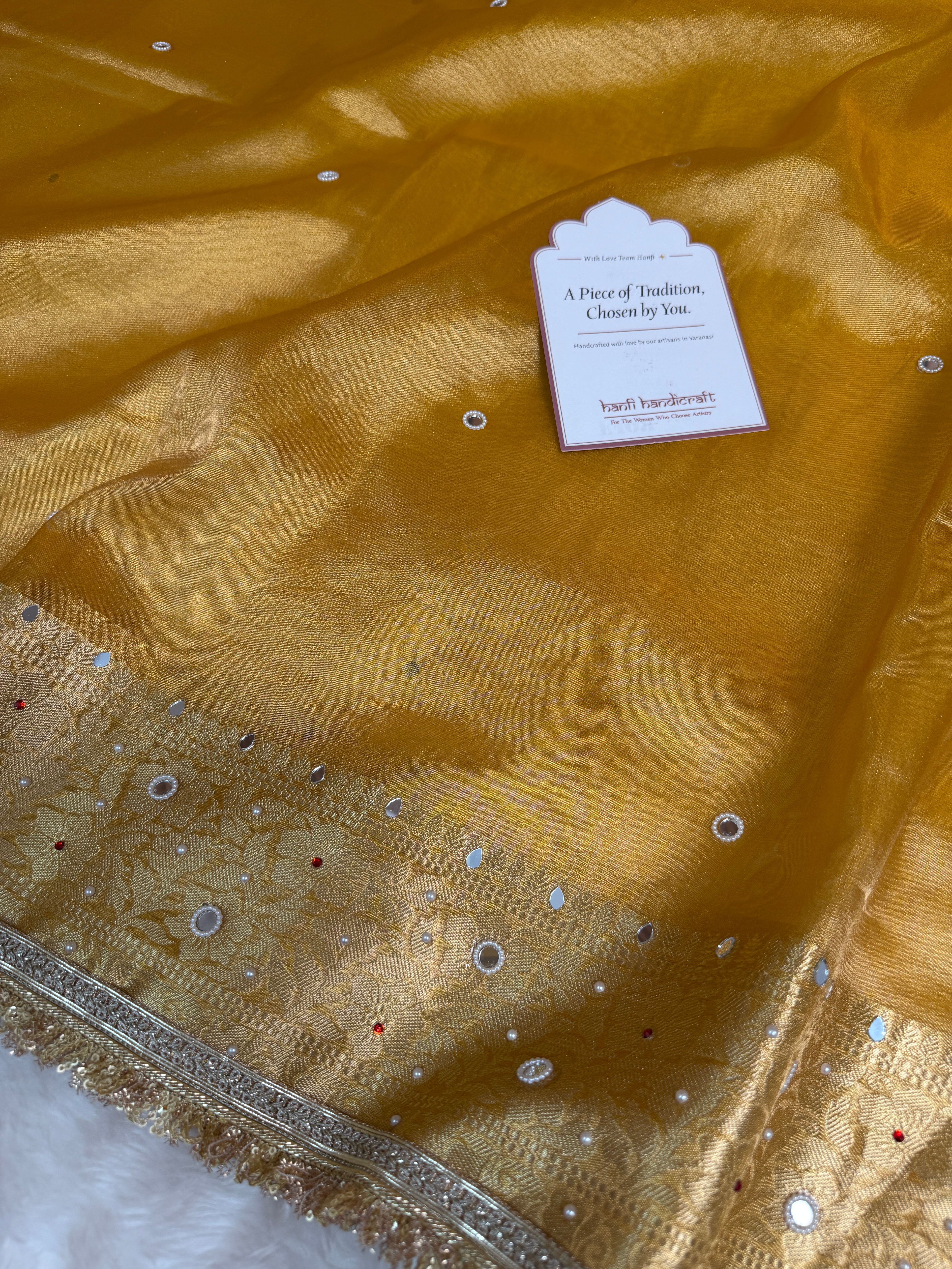 Haldi Gold Aaina Aanchal Mirror Work Tissue Silk Saree