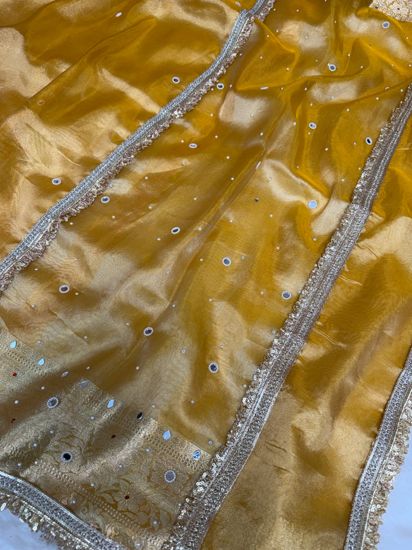 Haldi Gold Aaina Aanchal Mirror Work Tissue Silk Saree