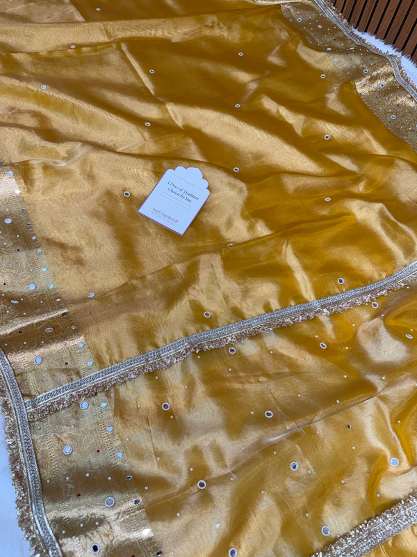 Haldi Gold Aaina Aanchal Mirror Work Tissue Silk Saree