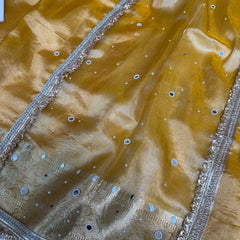 Haldi Gold Aaina Aanchal Mirror Work Tissue Silk Saree