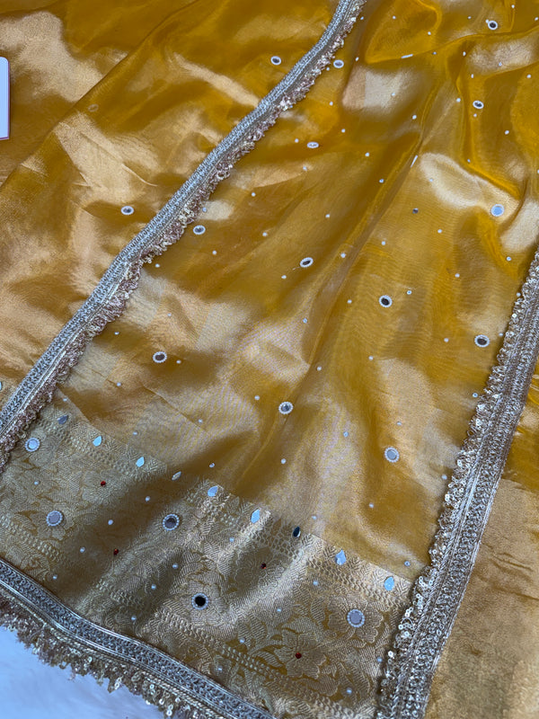 Haldi Gold Aaina Aanchal Mirror Work Tissue Silk Saree