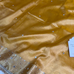 Haldi Gold Aaina Aanchal Mirror Work Tissue Silk Saree