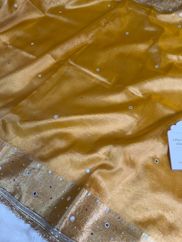 Haldi Gold Aaina Aanchal Mirror Work Tissue Silk Saree