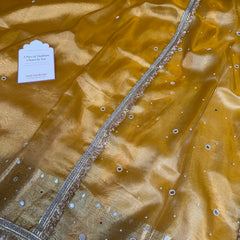 Haldi Gold Aaina Aanchal Mirror Work Tissue Silk Saree