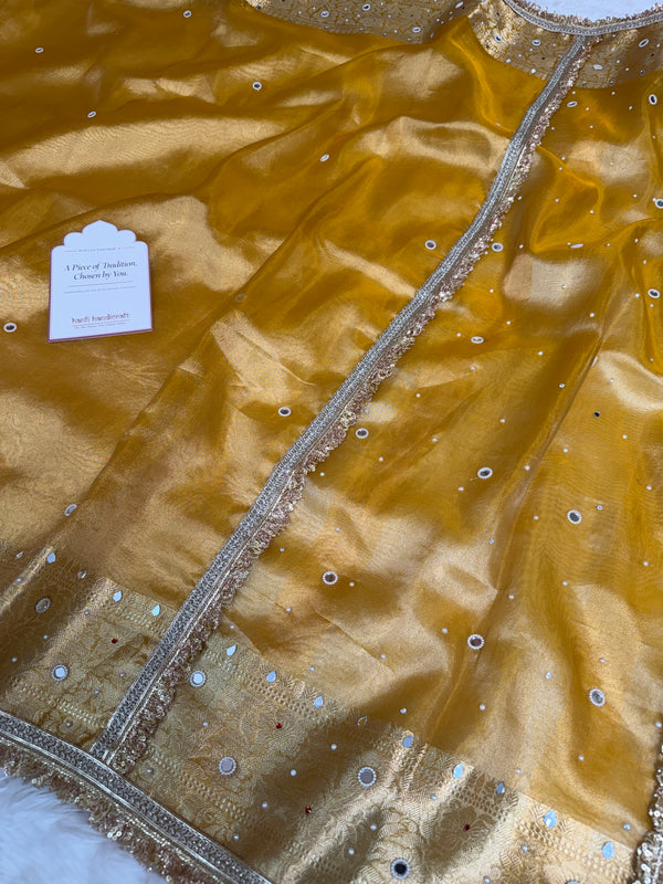 Haldi Gold Aaina Aanchal Mirror Work Tissue Silk Saree