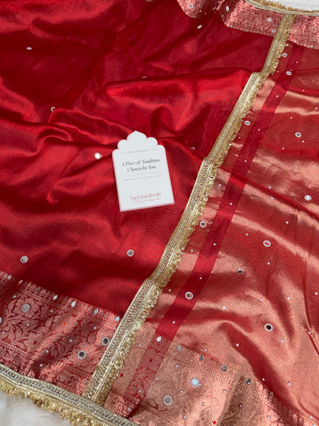 Sindoor Red Aaina Aanchal Mirror Work Tissue Silk Saree