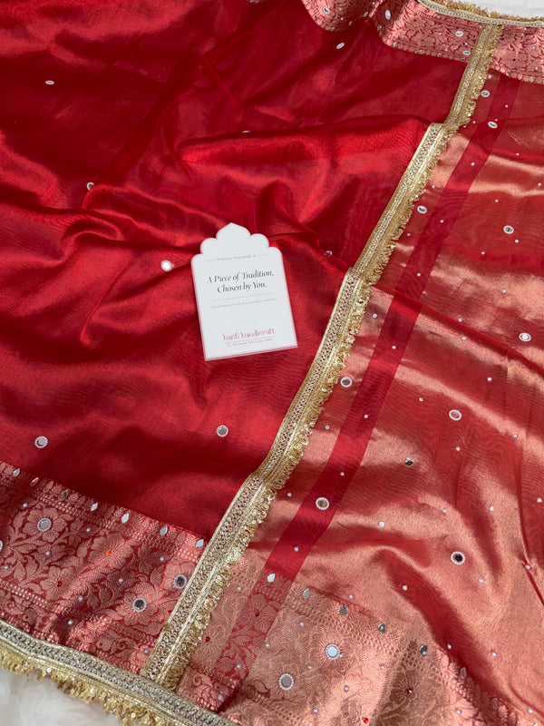 Sindoor Red Aaina Aanchal Mirror Work Tissue Silk Saree