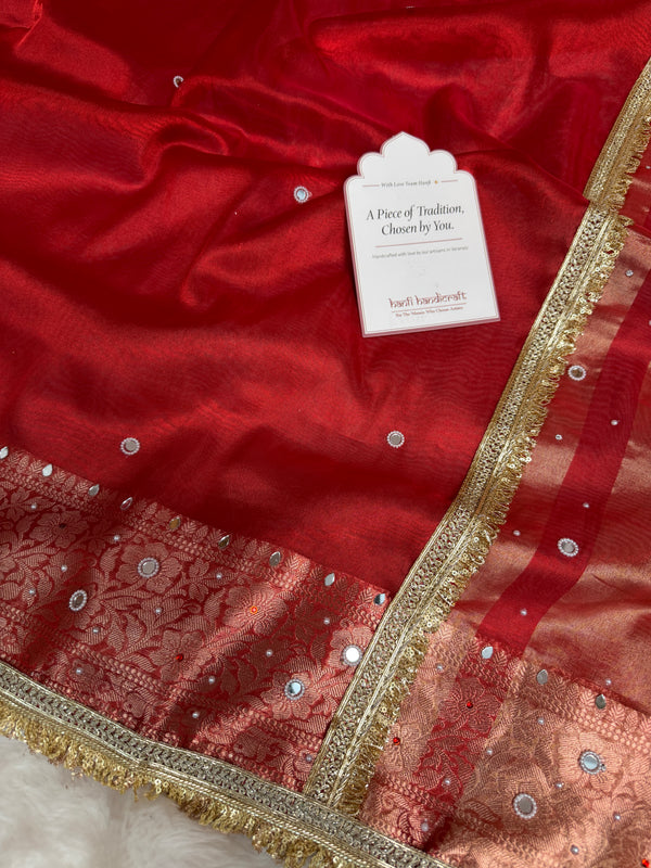 Sindoor Red Aaina Aanchal Mirror Work Tissue Silk Saree