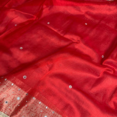 Sindoor Red Aaina Aanchal Mirror Work Tissue Silk Saree