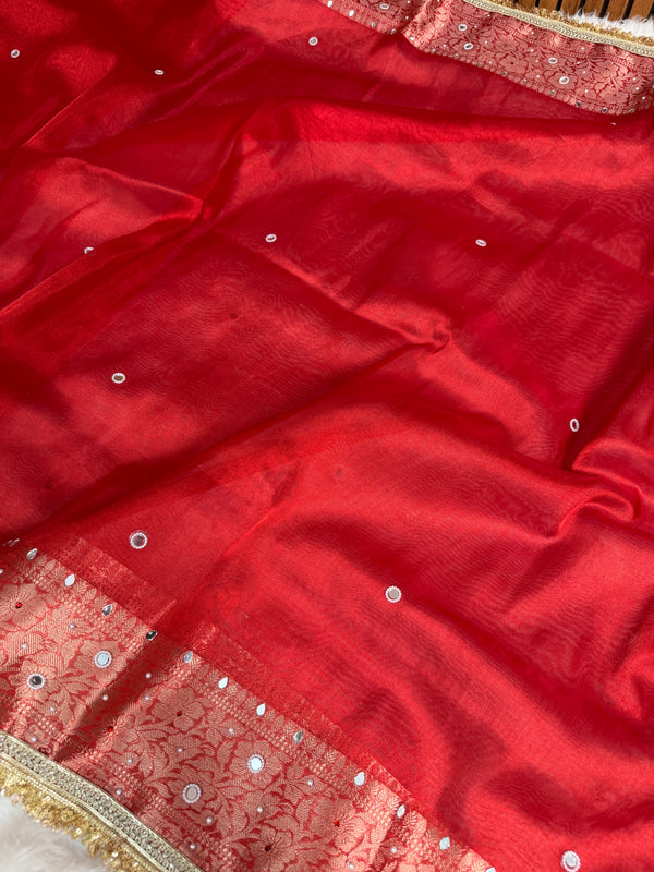 Sindoor Red Aaina Aanchal Mirror Work Tissue Silk Saree